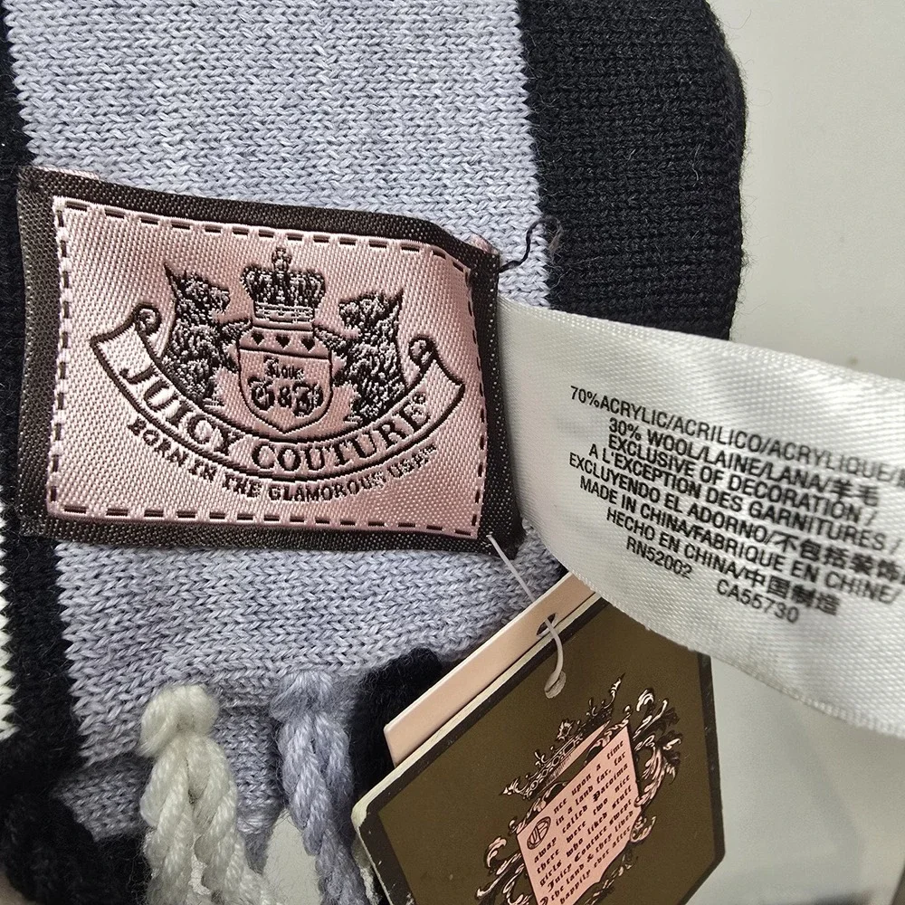 Juicy Couture House Of Juicy Scarf Wrap Fringed Gray‎ White Black Soft Warm NWT